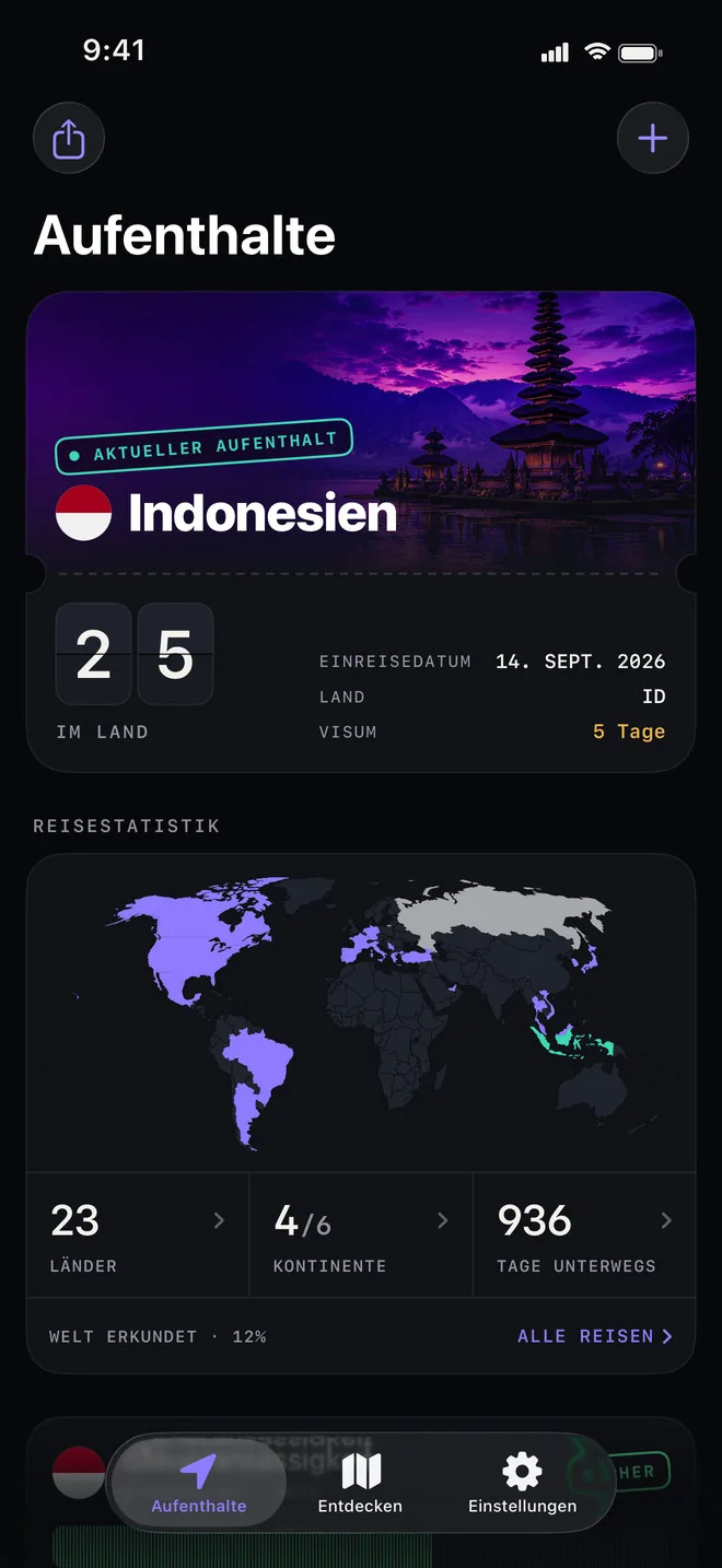 Borderlog-Bildschirm „Aufenthalte“: der aktuelle Aufenthalt in Indonesien als Bordkarte mit 25 Tagen im Land, Einreisedatum und verbleibenden Visatagen, darunter Reisestatistiken auf einer Weltkarte