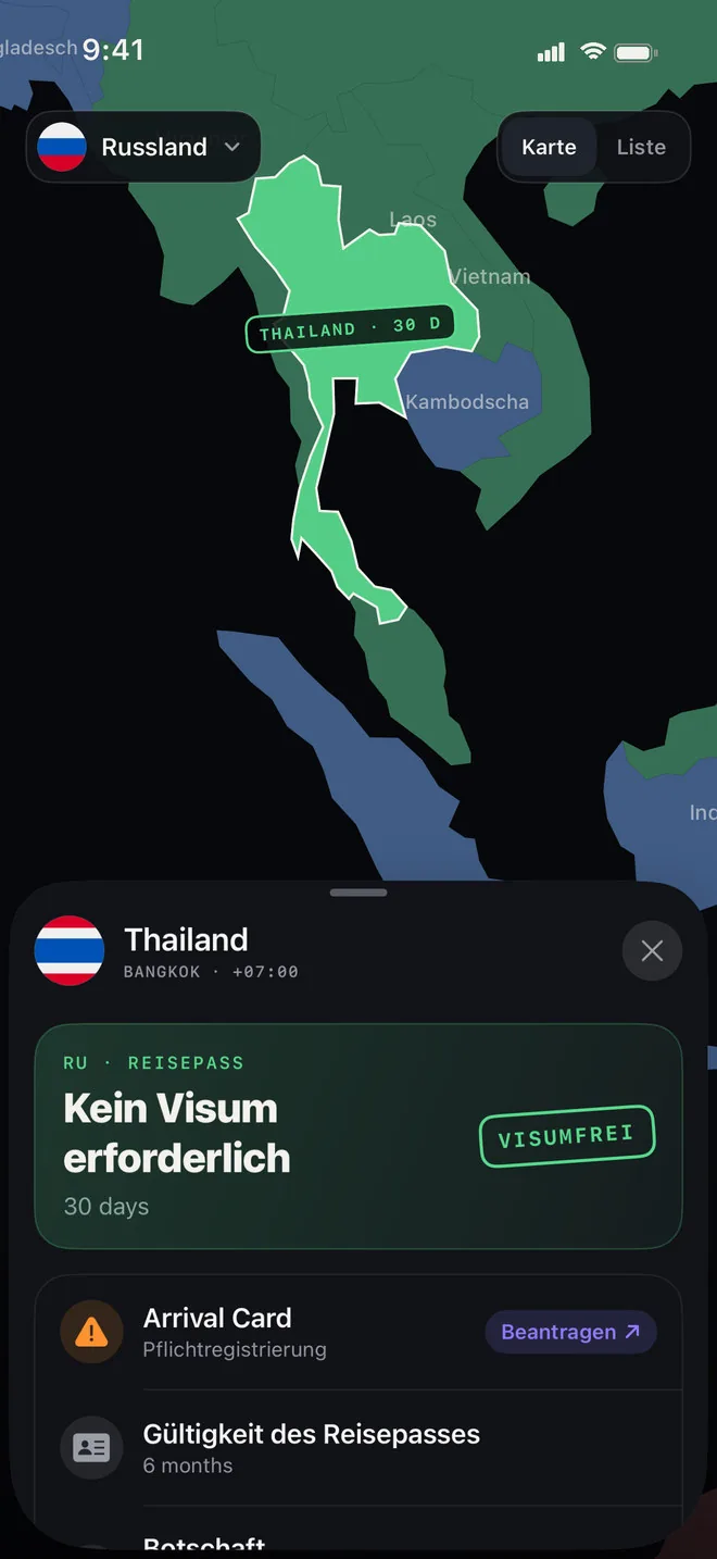 Karte, eingefärbt nach Visumpflicht für einen russischen Pass, mit geöffneter Länderansicht Thailand: 30 Tage ohne Visum, Einreisekarte und Passgültigkeit