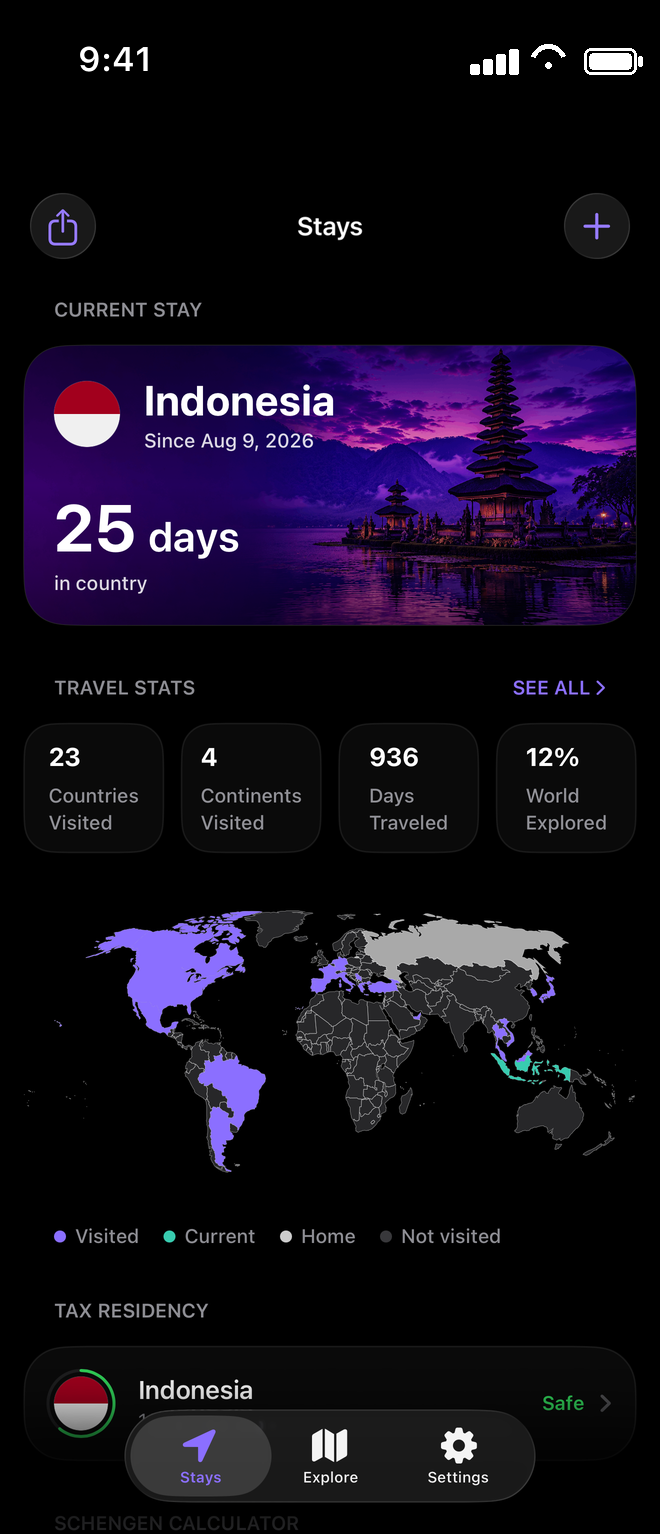 Borderlog home screen: current stay in Indonesia, 25 days in country, travel statistics and a world map of visited countries