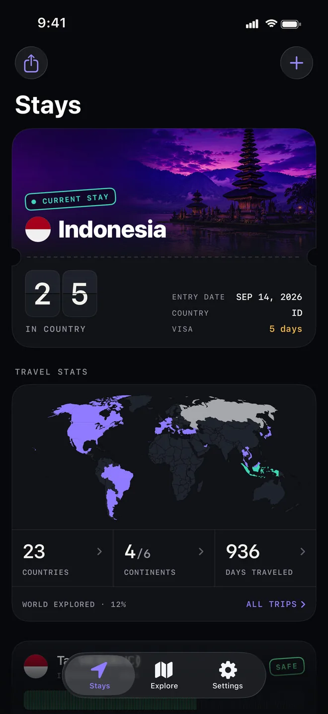 Borderlog Stays screen: the current stay in Indonesia as a boarding-pass card with 25 days in country, entry date and visa days left, then travel statistics on a world map