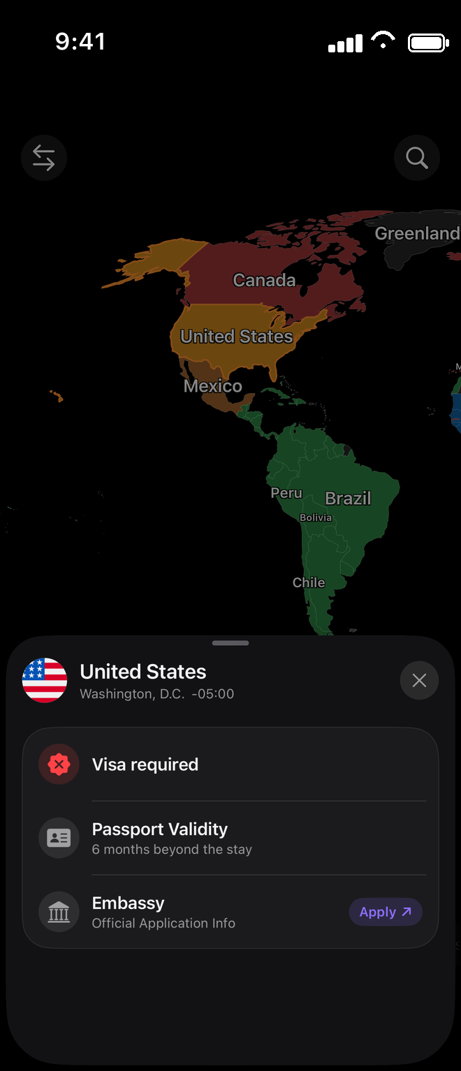 World map coloured by visa requirement for your passport, with entry rules for the United States