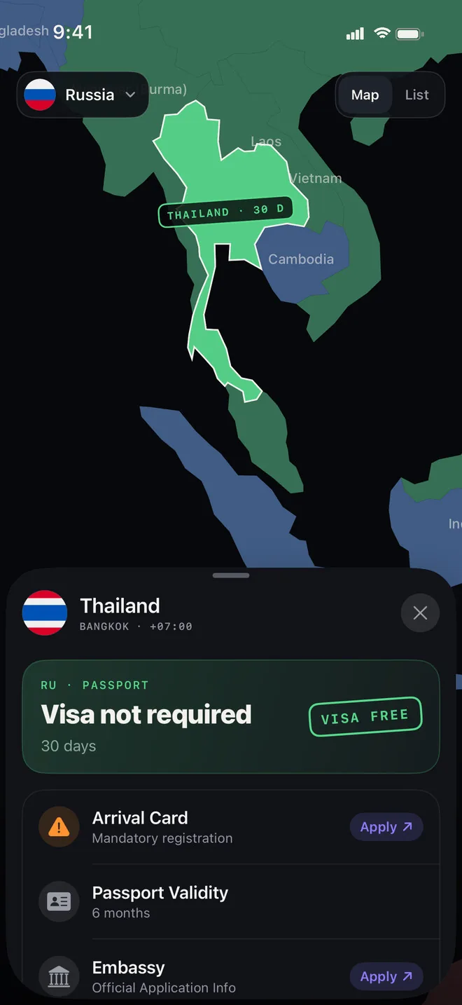 Map coloured by visa requirement for a Russian passport, with the Thailand card open: visa not required for 30 days, arrival card and passport validity