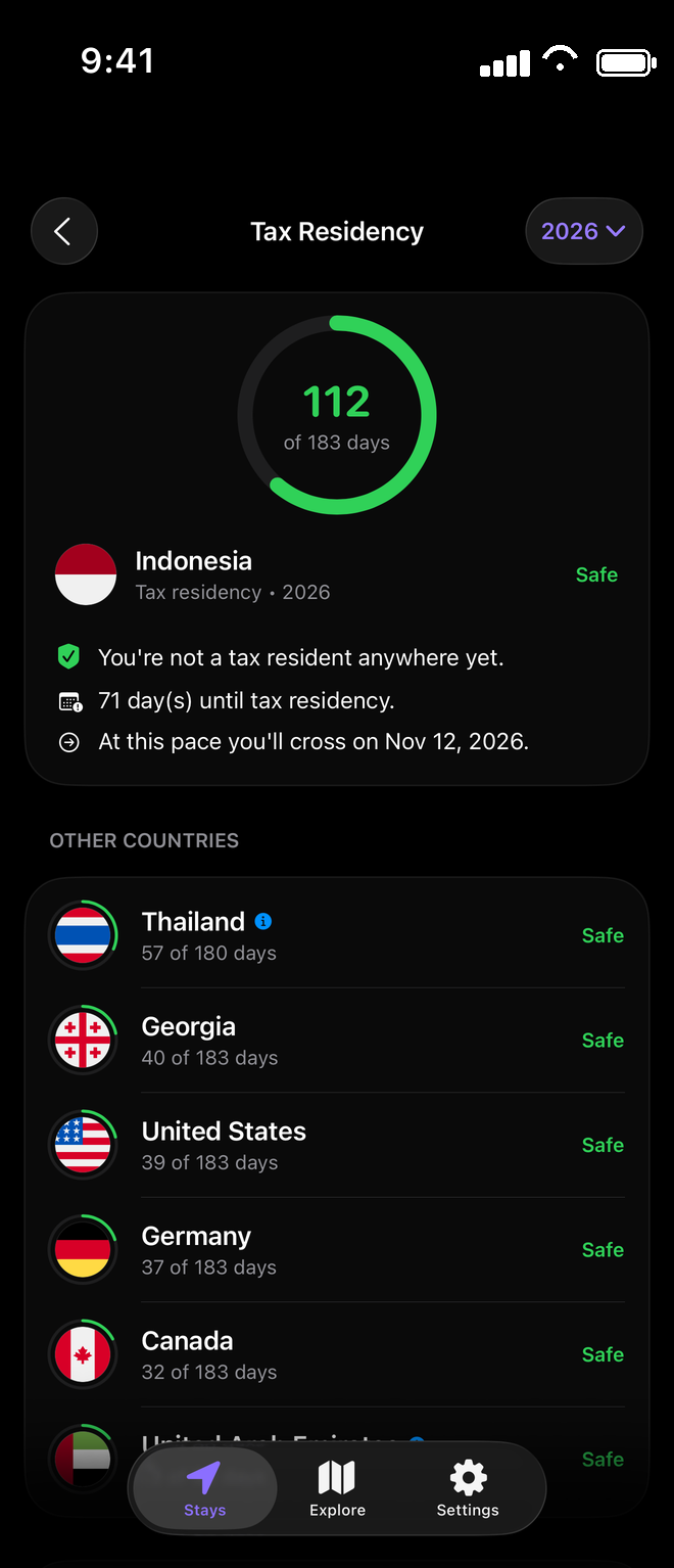 Tax residency screen with the days counted per country against the 183-day threshold