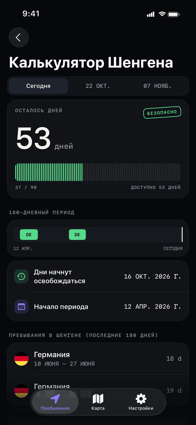 Калькулятор Шенгена: осталось 53 дня, использовано 37 из 90 в виде отметок по дням, 180-дневный период и дата, когда дни начнут освобождаться