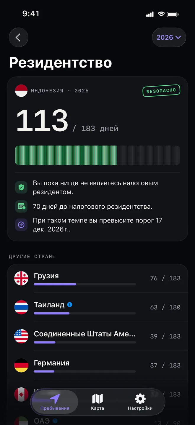 Экран налогового резидентства: 113 из 183 дней в Индонезии в этом году, дата, когда при таком темпе будет превышен порог, и другие страны ниже